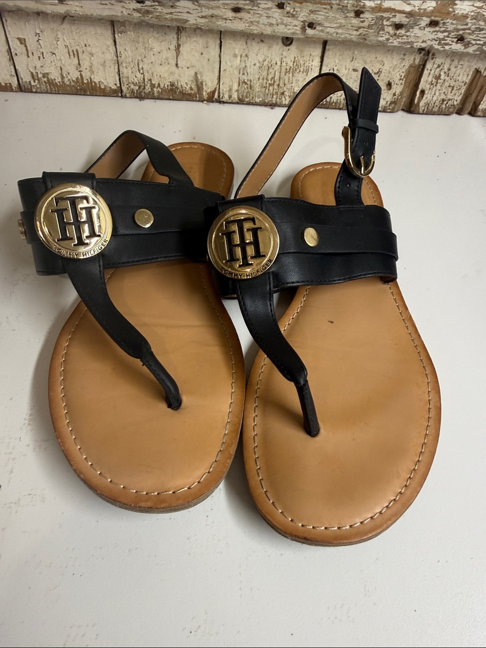 Tommy Hilfiger Black and Tan Leather Logo T-strap Sandals
